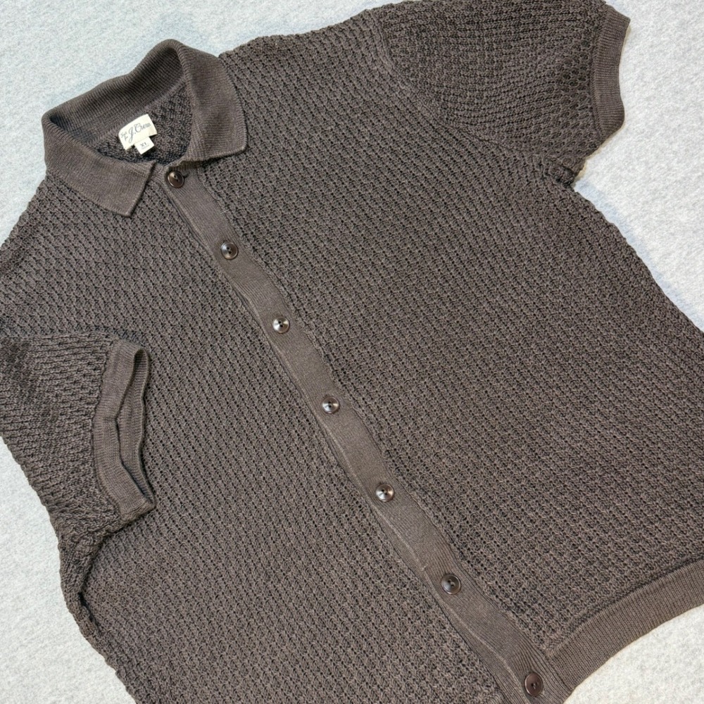 J.Crew Mens XL Brown 100% Linen Waffle Knit Short Sleeve Button Polo Shirt CJ389